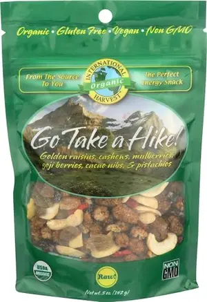 5 oz bag of International Harvest Organic Go Take Hike Trail Mix with nuts and fruit