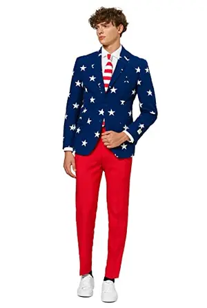 OPPOSUITS Men American Flag Suit with red white and blue jacket, pants and tie