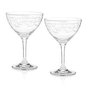 Cole Porter decorative crystal coupe glasses with white etching