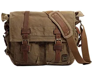 Canvas military-style Berchirly messenger bag with leather trim