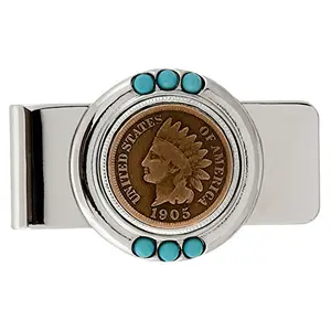 Indian Head Penny Money Clip with turquoise stones and rhodium finish