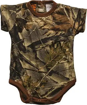 Navy blue camo baby onesie close-up showing soft fabric and snap closure