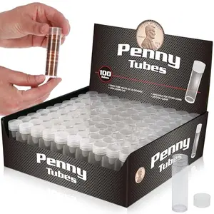Clear round coin tubes for pennies, screw-on cap, bulk pack of 100