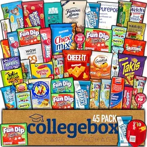 Collegebox snack care package with assortment of chips, cookies, and bars