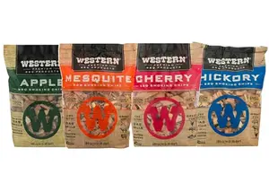 Western BBQ Smoking Wood Chips Variety Pack containing apple, mesquite, hickory, cherry bags