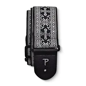 Perris Leathers jacquard guitar strap with metallic silver cross design and leather ends