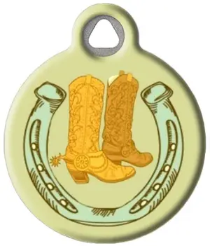 Cowboy boot dog ID tag with silent polymer coating