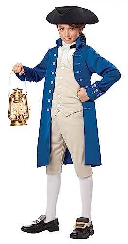 Child wearing Paul Revere minuteman costume with tricorn hat and cravat
