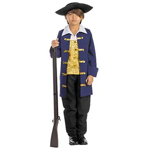 Boy in navy colonial coat with gold vest design