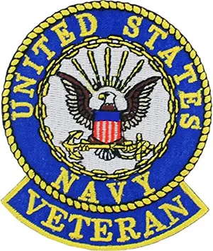 Round blue and gold US Navy veteran patch with anchor and eagle