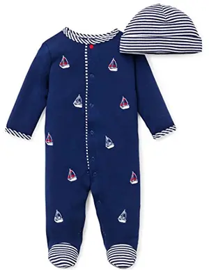 Little Me Baby Boy 2-Piece Sailboat Sleeper and Cap Set with blue and white sailboat print