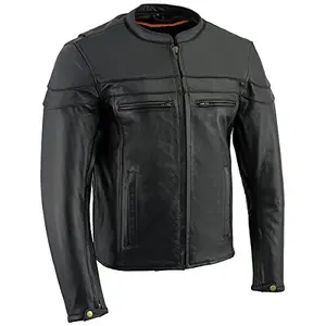 Black leather motorcycle jacket with reflective piping and collarless design