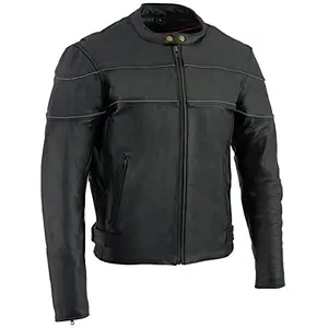 Thick black leather jacket with side stretch panels and reflective piping