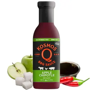 Kosmos Q Sweet Apple Chipotle BBQ Sauce bottle with grilled pork and apple slices
