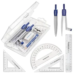 STAEDTLER 10-piece geometry set with crystal clear protractor, compass, and rulers in flip-open box