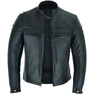 Black leather motorcycle racer jacket with euro collar and zippered vents