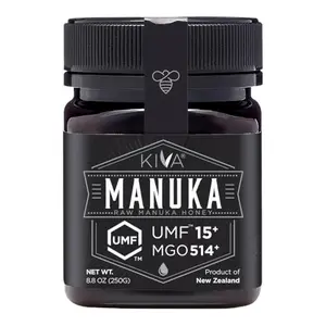 Kiva raw manuka honey UMF 15+ jar with honey being drizzled onto yogurt and granola