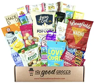 The Good Grocer Vegan Snacks Care Package gift box filled with 25 individually wrapped vegan snacks