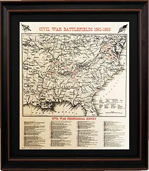 Framed antique-style Civil War battlefields map with aged parchment and black hardwood frame