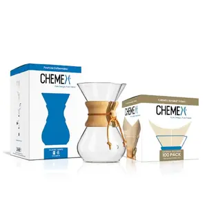 Classic Chemex pour-over glass coffee maker with wood collar and leather tie