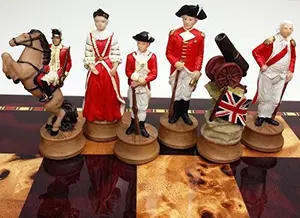American Revolution themed chess pieces with redcoats and colonists on a chess board