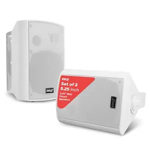 PYLE wall mount waterproof Bluetooth speakers installed on an outdoor wall near a pool