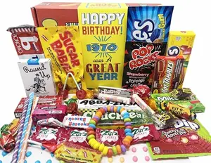 Decorative box filled with an assortment of colorful retro candies from the 1970s