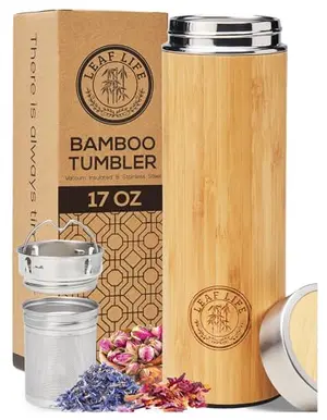 LeafLife bamboo tea bottle with stainless steel interior and tea infuser