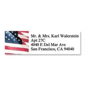 Sheet of American flag return address labels with blue and red design