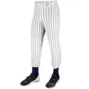 White baseball pants with knit-in navy pinstripes, full-length ankle style with reinforced knees