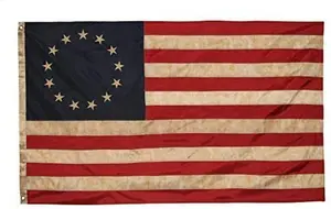Betsy Ross vintage embroidered American flag with tea-stain finish and brass grommets
