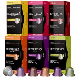 Bestpresso coffee variety pack of 120 Nespresso Original Line compatible pods with six different flavor boxes