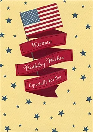 US Flag birthday card with red foil banners and blue stars for military heroes