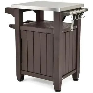 Keter Unity outdoor grill prep table with stainless steel top and 40-gallon storage