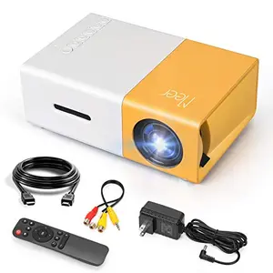 Yellow and white Meer YG300 mini projector next to a smartphone for size comparison