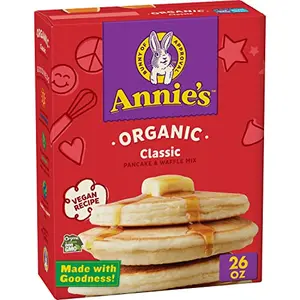 Annie's Organic Classic Pancake and Waffle Mix box with fluffy pancakes and bunny logo