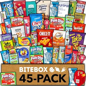 BITEBOX snack box with 45 pieces of assorted chips, cookies, and candies
