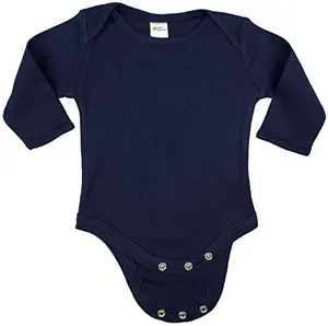 Solid navy blue baby onesie with long sleeves and ring-spun cotton texture