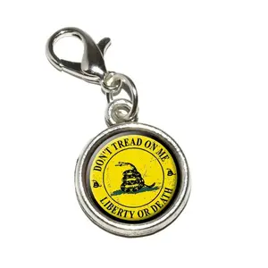 Small round Gadsden flag pendant charm with resin encased design and lobster clasp