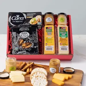 Wisconsin Specialty Cheese Holiday Gift Box with cheddar, pepper jack, crackers, pretzels and mustards