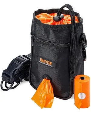 Mighty Paw dog treat bag with drawstring closure and extra pockets