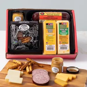 Classic Holiday Snack Gift Box with summer sausage, cheddar, pepper jack, pretzels, and mustard