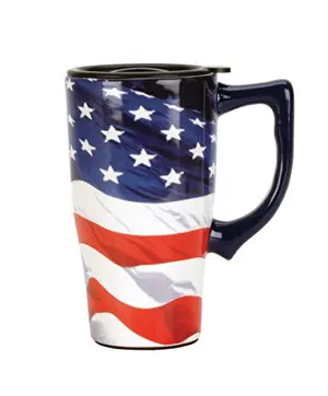 Spoontiques ceramic travel mug with American flag design and locking lid