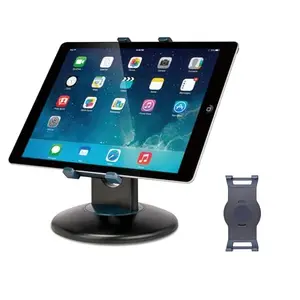Aidata black metal tablet stand with weighted base on a counter