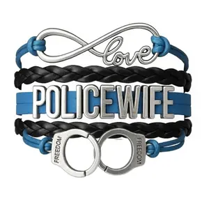 Blue and black leather police wife bracelet with handcuff charm