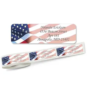 Roll of American flag mailing labels with a clear acrylic dispenser