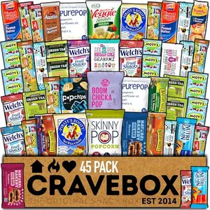 45-count box of healthy snacks including nuts, bars, and popcorn arranged in a gift box