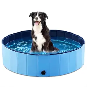 Blue foldable dog pool with water and a dog splashing