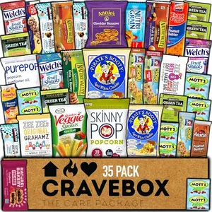 CRAVEBOX healthy snack box assortment with nuts, bars, and popcorn