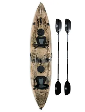 BKC Brooklyn 12.5 Tandem sit-on-top fishing kayak in camo pattern with two seats and paddles on a lake